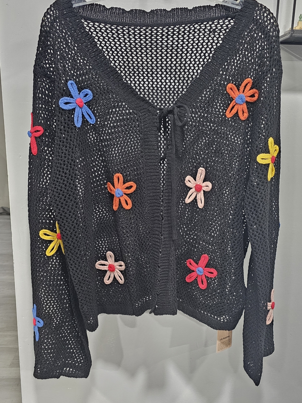BloomChic Black Crochet Floral Tie-Front Cardigan